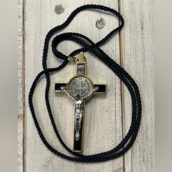 Accessories - Saint Benedict Crucifix Necklace - Black and Gold
